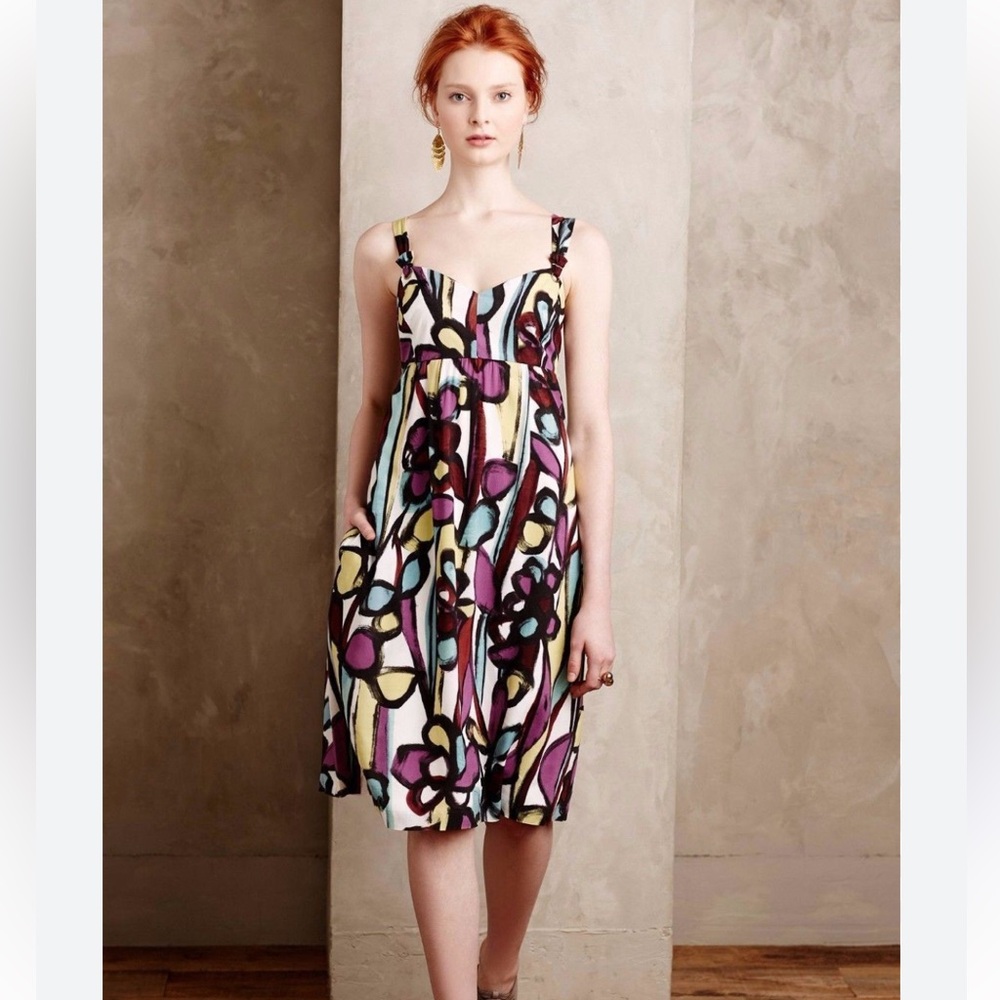 Anthropologie Tabitha abstract floral empire waist 100% rayon lined midi 8 dress